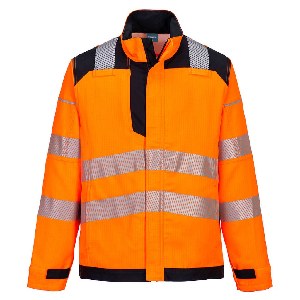 A orange jacket featuring flame-resistant fabric, suitable for a wide range of outdoor and site work applications.