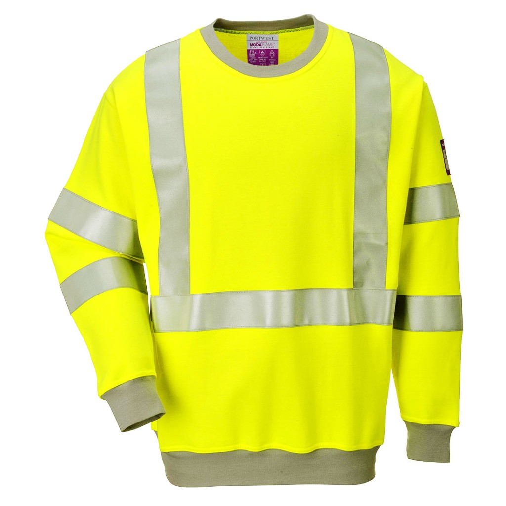 A high-visibility yellow work shirt featuring retroreflective tape panels, flame-resistant fabric, suitable for a wide range of outdoor and site work applications.