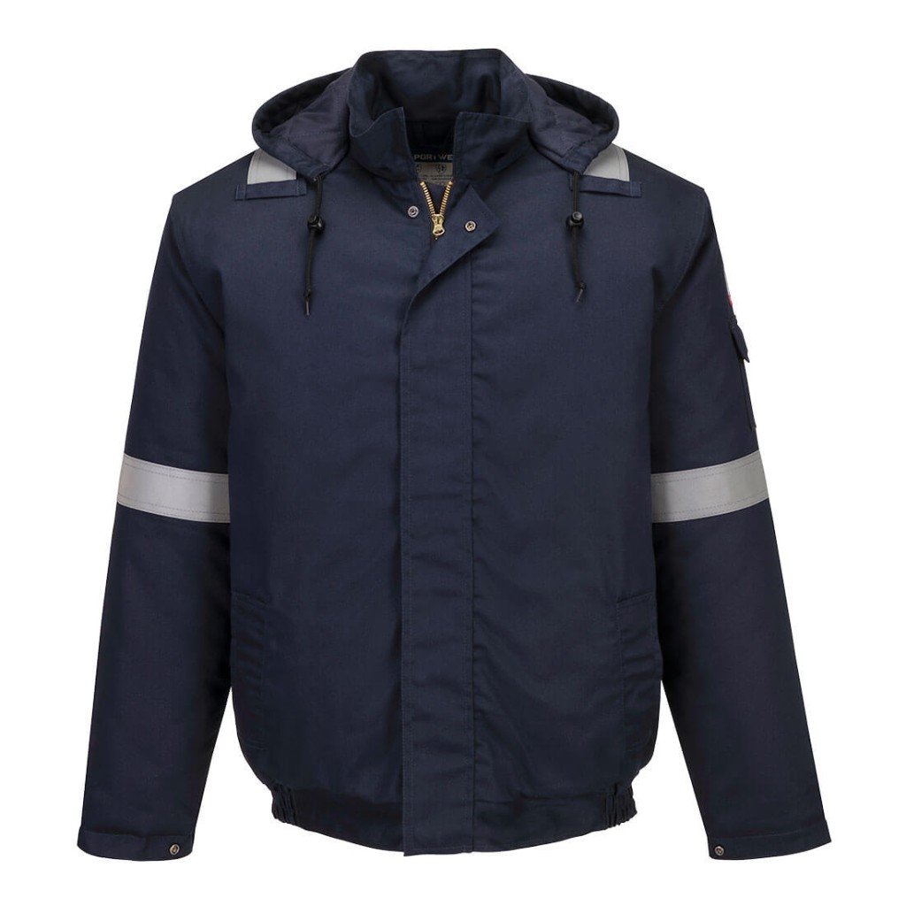 A navy blue padded jacket featuring a warm thermal lining, flame-resistant fabric, suitable for a wide range of outdoor and site work applications.