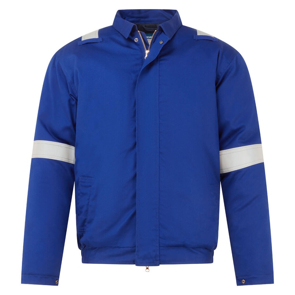 A blue padded jacket featuring a warm thermal lining, flame-resistant fabric, suitable for a wide range of outdoor and site work applications.