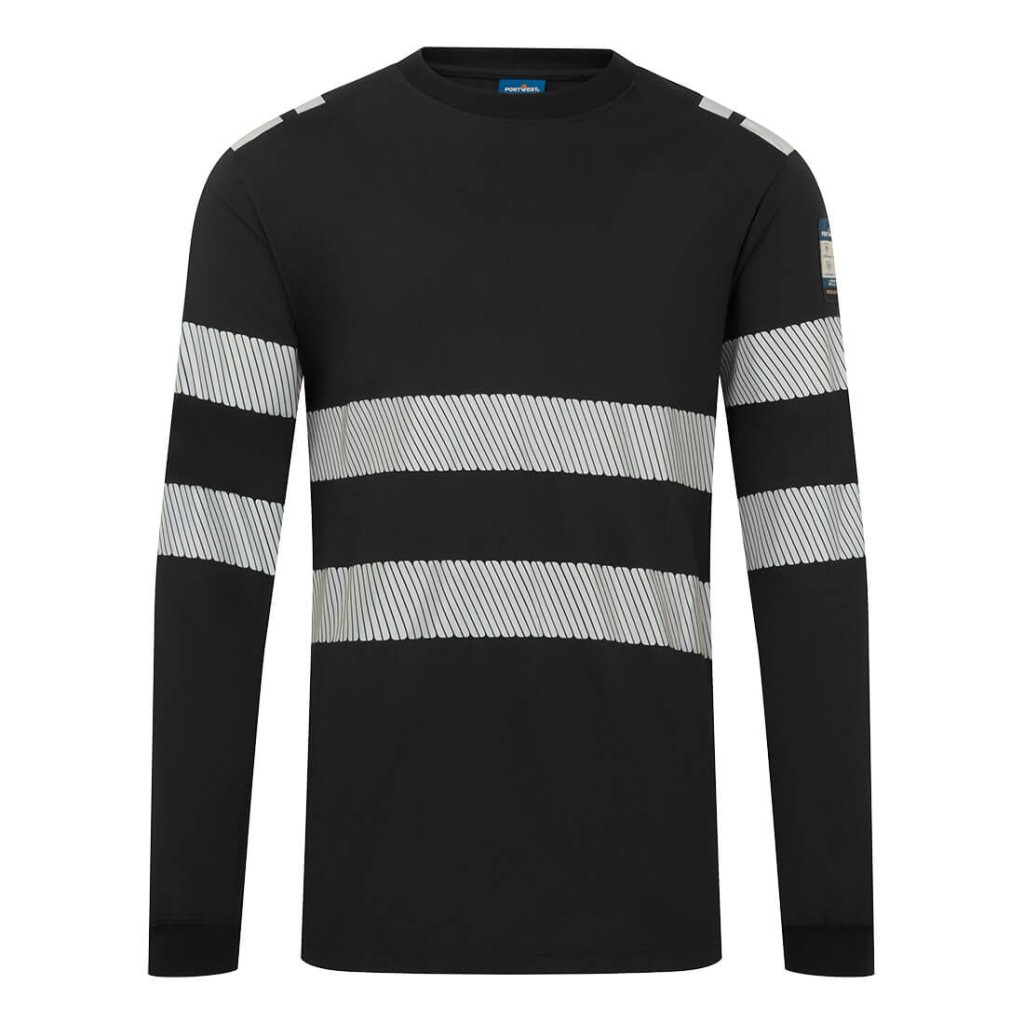 A black work shirt featuring flame-resistant fabric, suitable for a wide range of outdoor and site work applications.