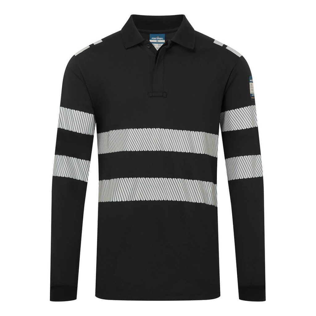 A black polo shirt featuring flame-resistant fabric, suitable for a wide range of outdoor and site work applications.