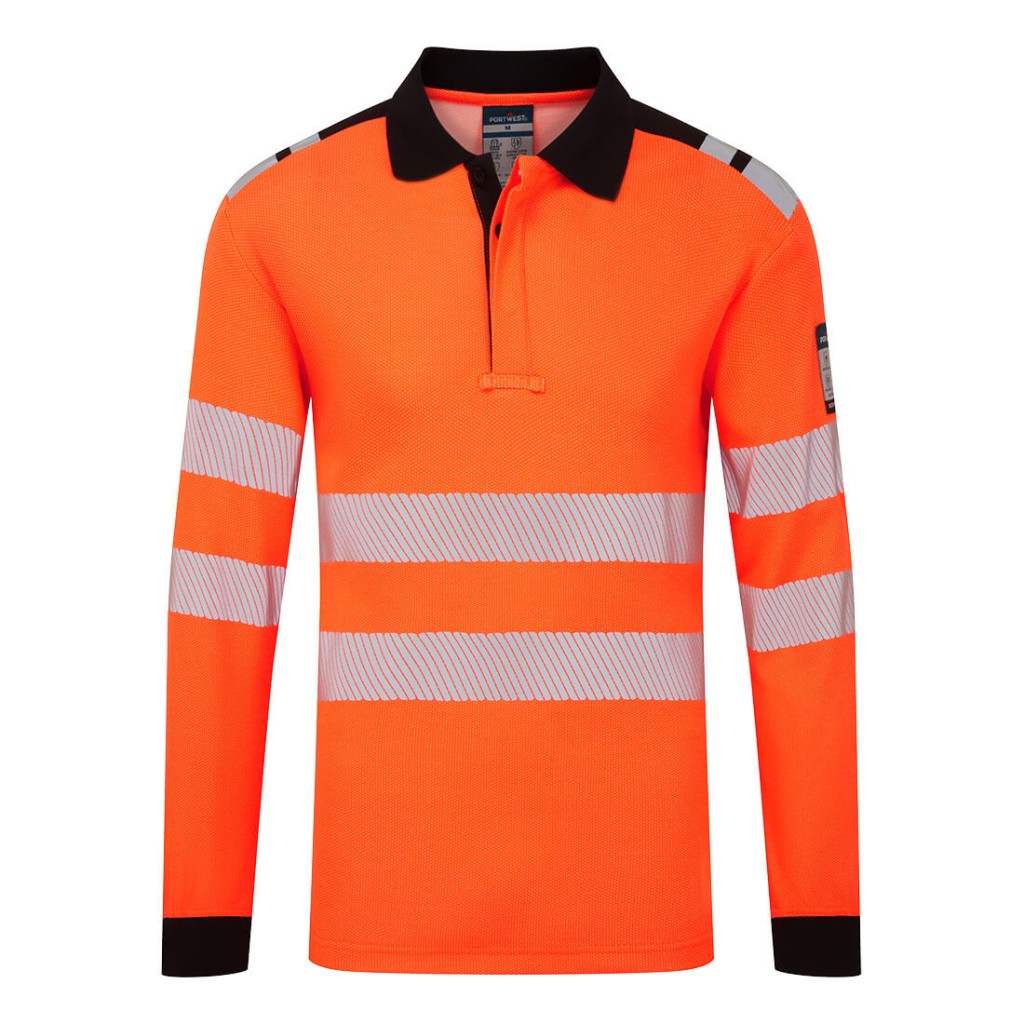 A black polo shirt featuring flame-resistant fabric, suitable for a wide range of outdoor and site work applications.