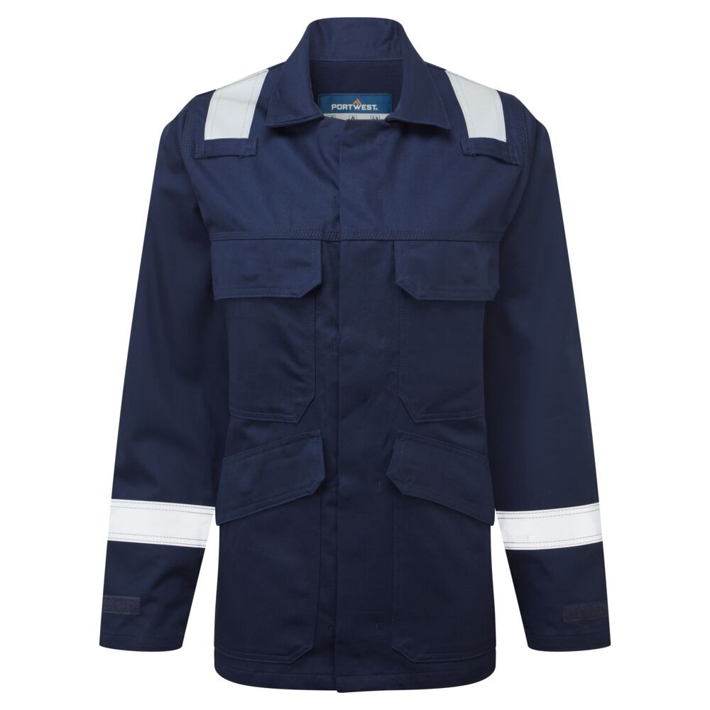 A women's navy blue jacket featuring flame-resistant fabric, suitable for a wide range of outdoor and site work applications.