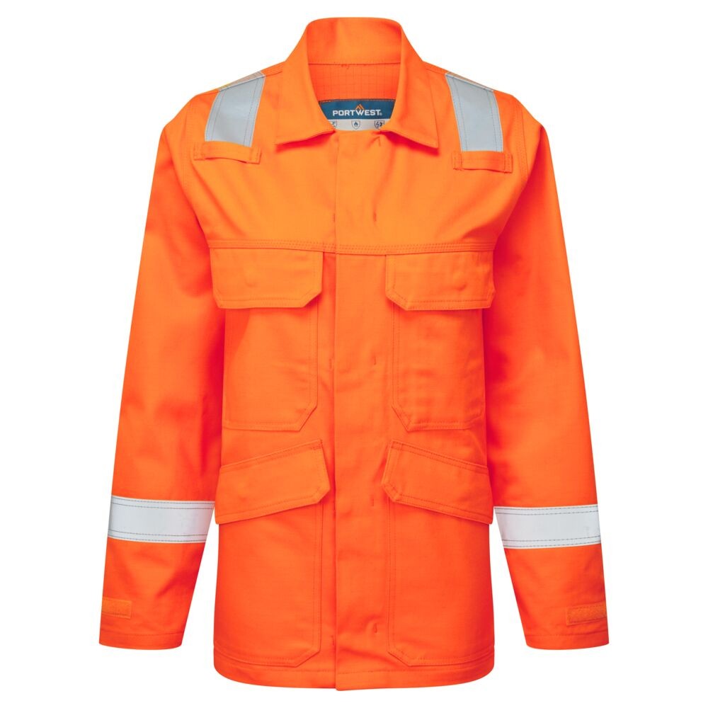 A women's orange jacket featuring flame-resistant fabric, suitable for a wide range of outdoor and site work applications.