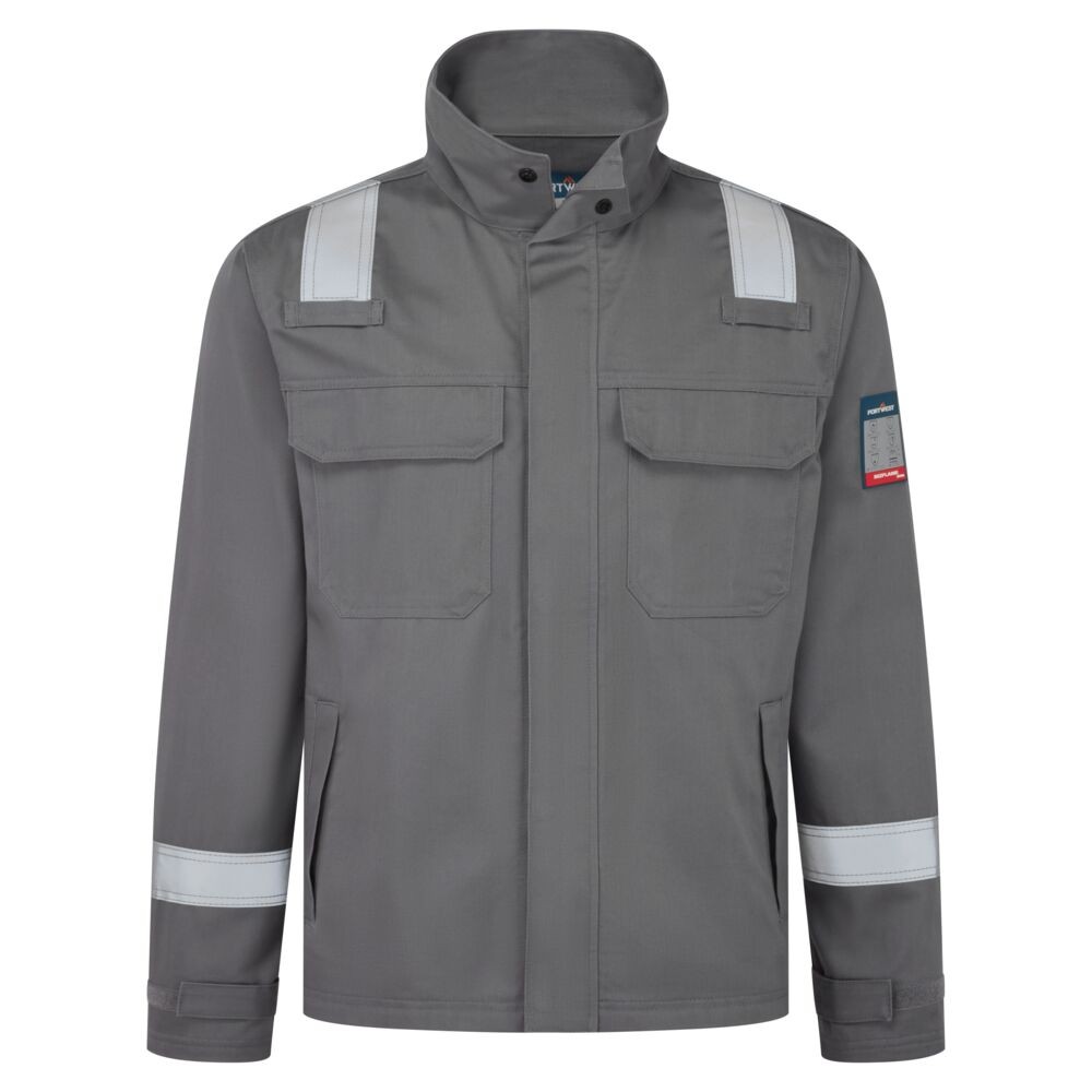A grey jacket featuring flame-resistant fabric, suitable for a wide range of outdoor and site work applications.