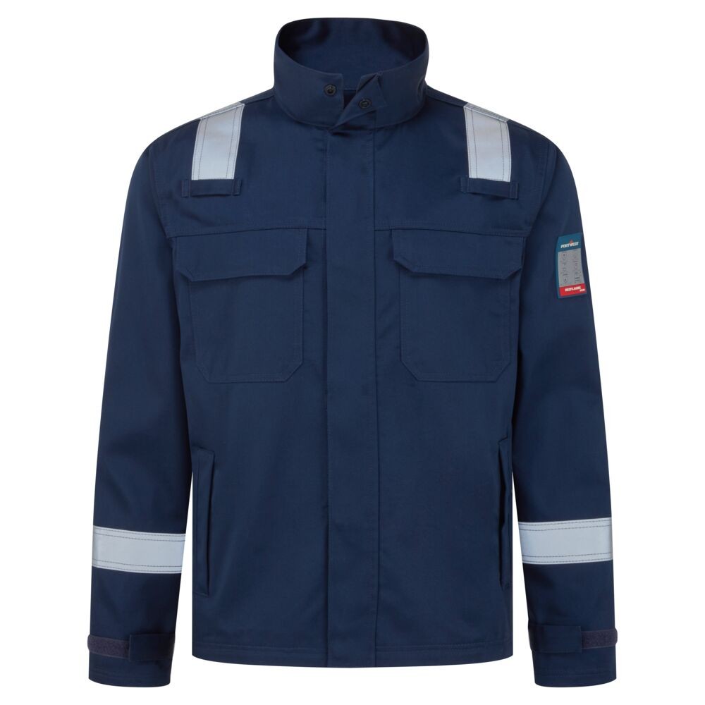 A navy blue jacket featuring flame-resistant fabric, suitable for a wide range of outdoor and site work applications.