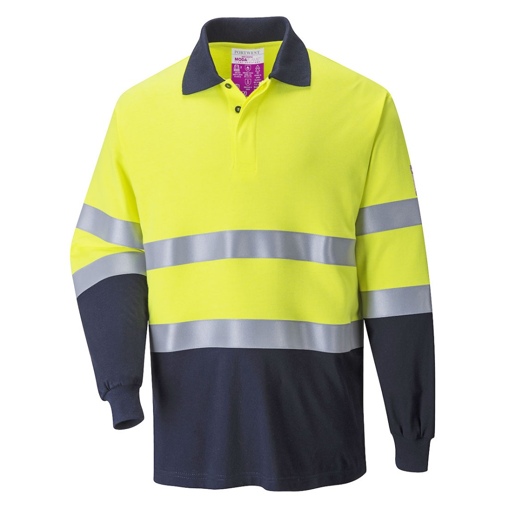 A high-visibility yellow polo shirt featuring retroreflective tape panels, flame-resistant fabric, suitable for a wide range of outdoor and site work applications.
