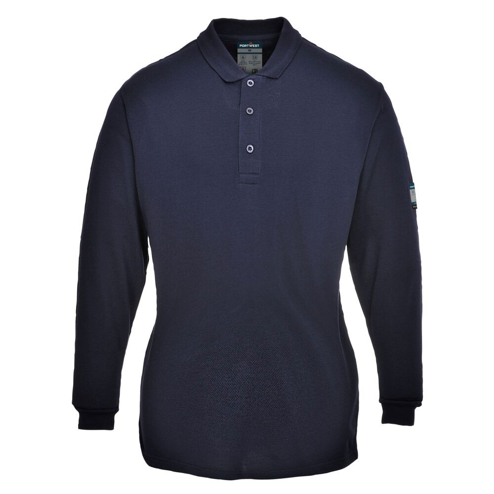 A women's navy blue polo shirt featuring flame-resistant fabric, suitable for a wide range of outdoor and site work applications.