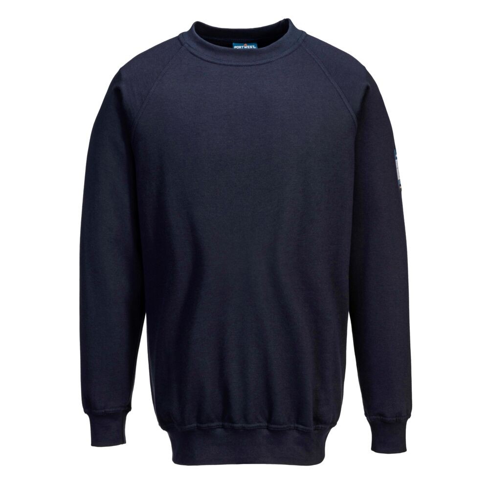A women's navy blue work shirt featuring flame-resistant fabric, suitable for a wide range of outdoor and site work applications.
