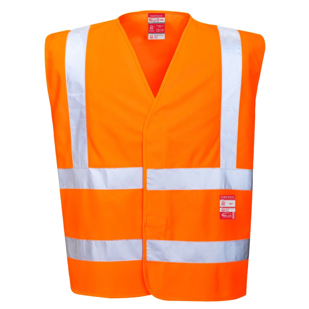 A high-visibility orange vest featuring retroreflective tape panels, flame-resistant fabric, suitable for a wide range of outdoor and site work applications.