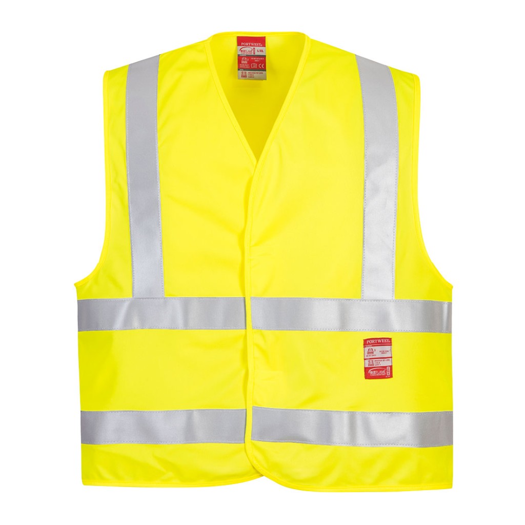 A high-visibility yellow vest featuring retroreflective tape panels, flame-resistant fabric, suitable for a wide range of outdoor and site work applications.