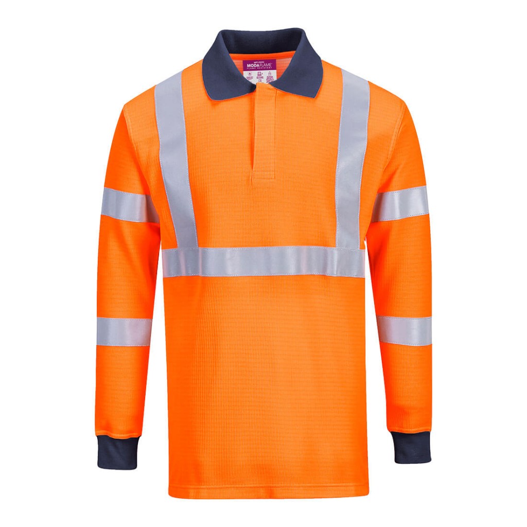 A orange polo shirt featuring flame-resistant fabric, suitable for a wide range of outdoor and site work applications.