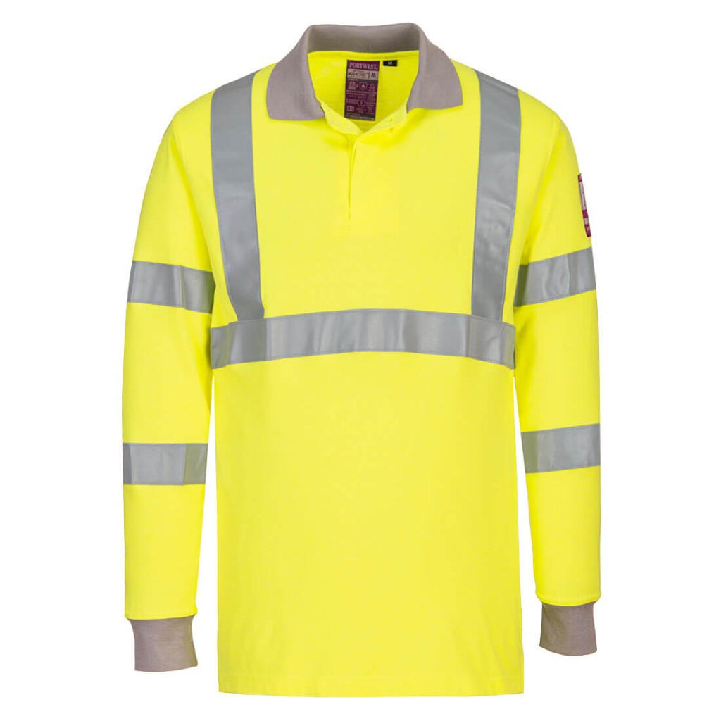 A high-visibility yellow polo shirt featuring retroreflective tape panels, flame-resistant fabric, suitable for a wide range of outdoor and site work applications.