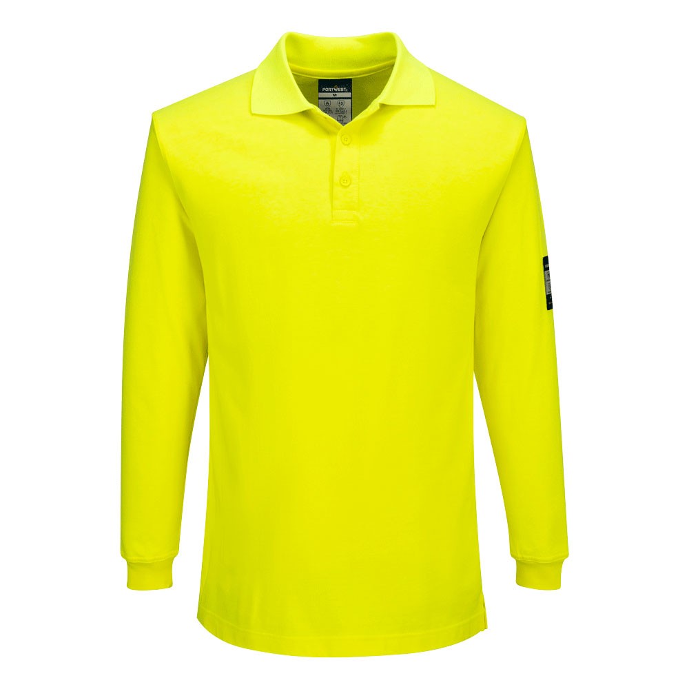 A yellow polo shirt featuring flame-resistant fabric, suitable for a wide range of outdoor and site work applications.