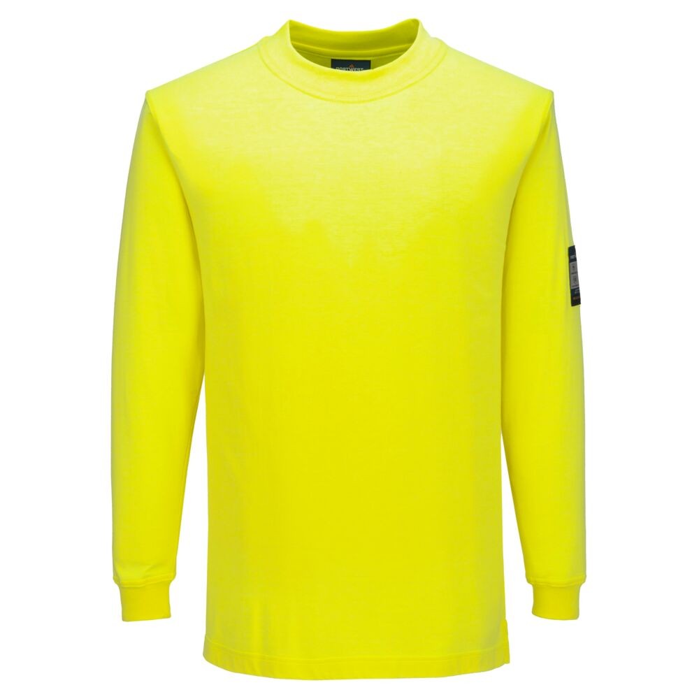 A yellow work shirt featuring flame-resistant fabric, suitable for a wide range of outdoor and site work applications.