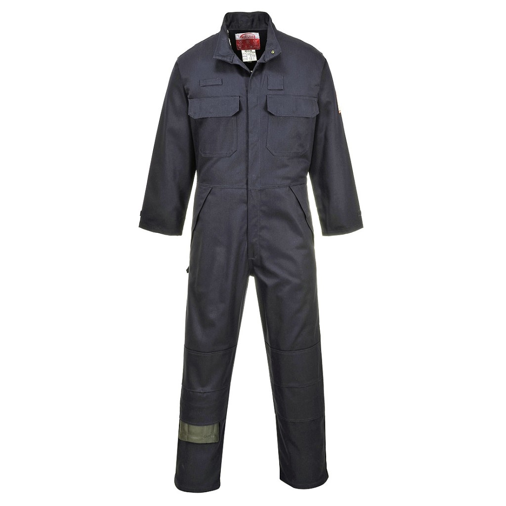 A navy blue coverall featuring flame-resistant fabric, suitable for a wide range of outdoor and site work applications.