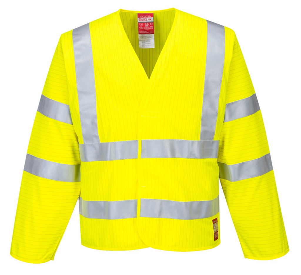 A high-visibility yellow vest featuring retroreflective tape panels, flame-resistant fabric, suitable for a wide range of outdoor and site work applications.