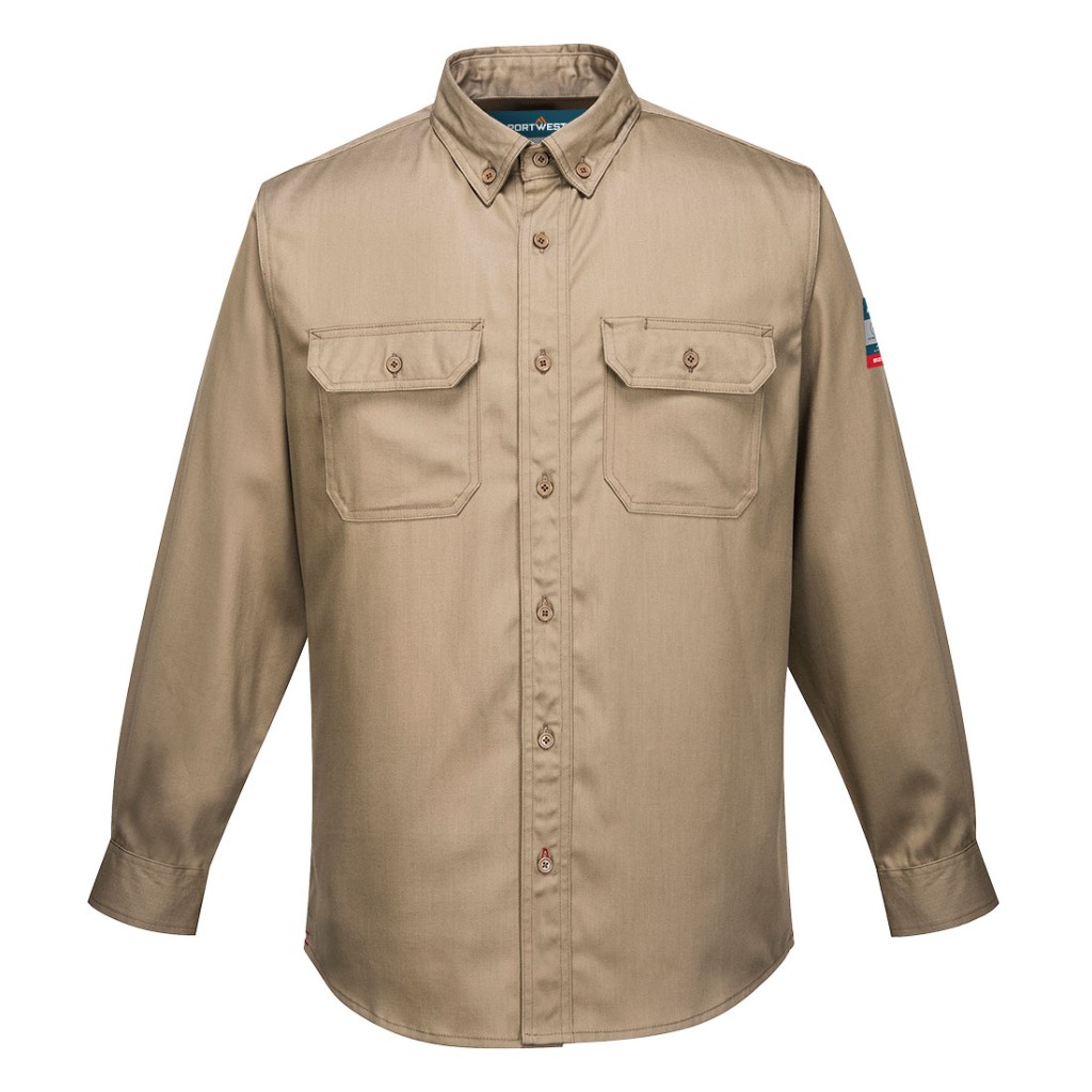 A khaki work shirt featuring flame-resistant fabric, suitable for a wide range of outdoor and site work applications.