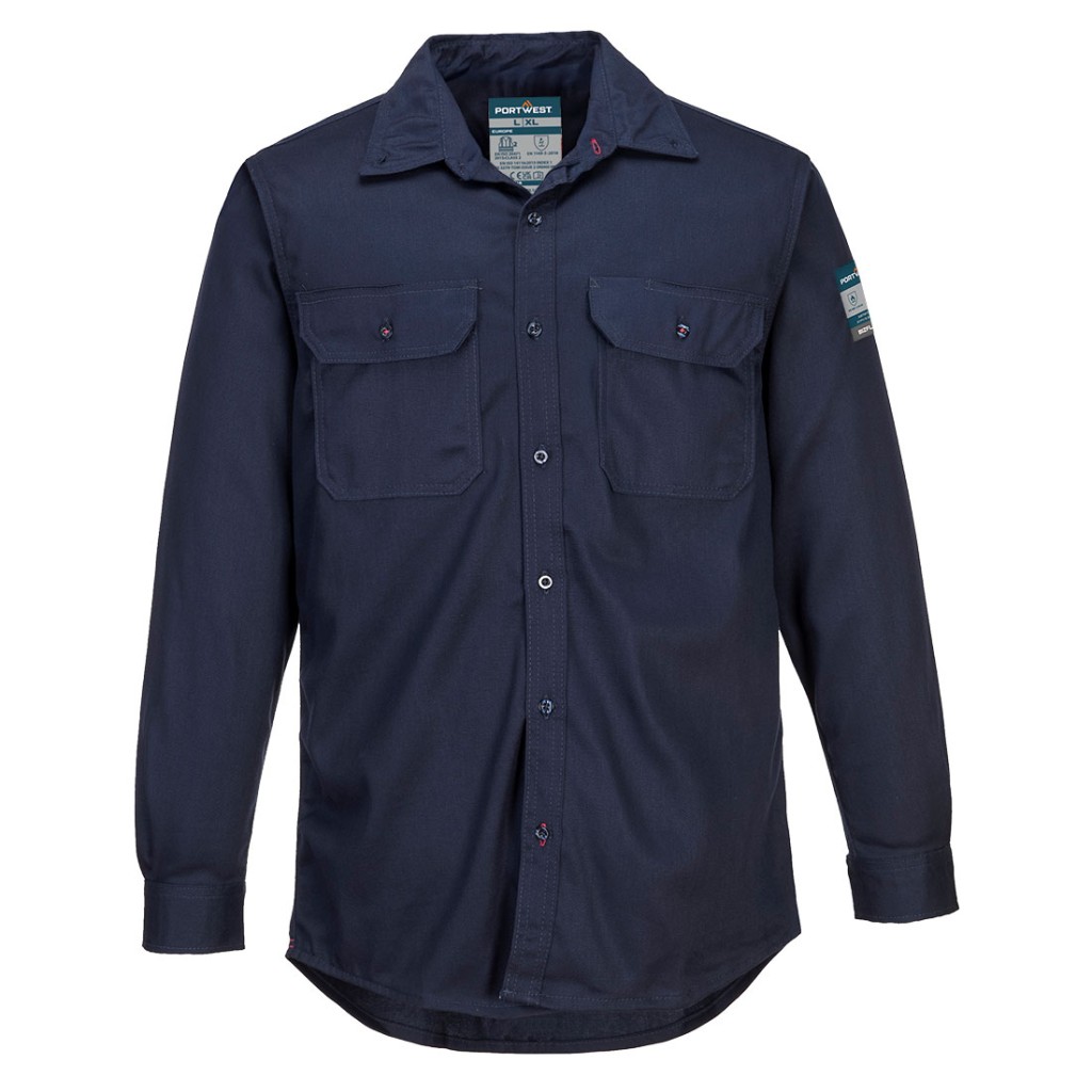 A navy blue work shirt featuring flame-resistant fabric, suitable for a wide range of outdoor and site work applications.