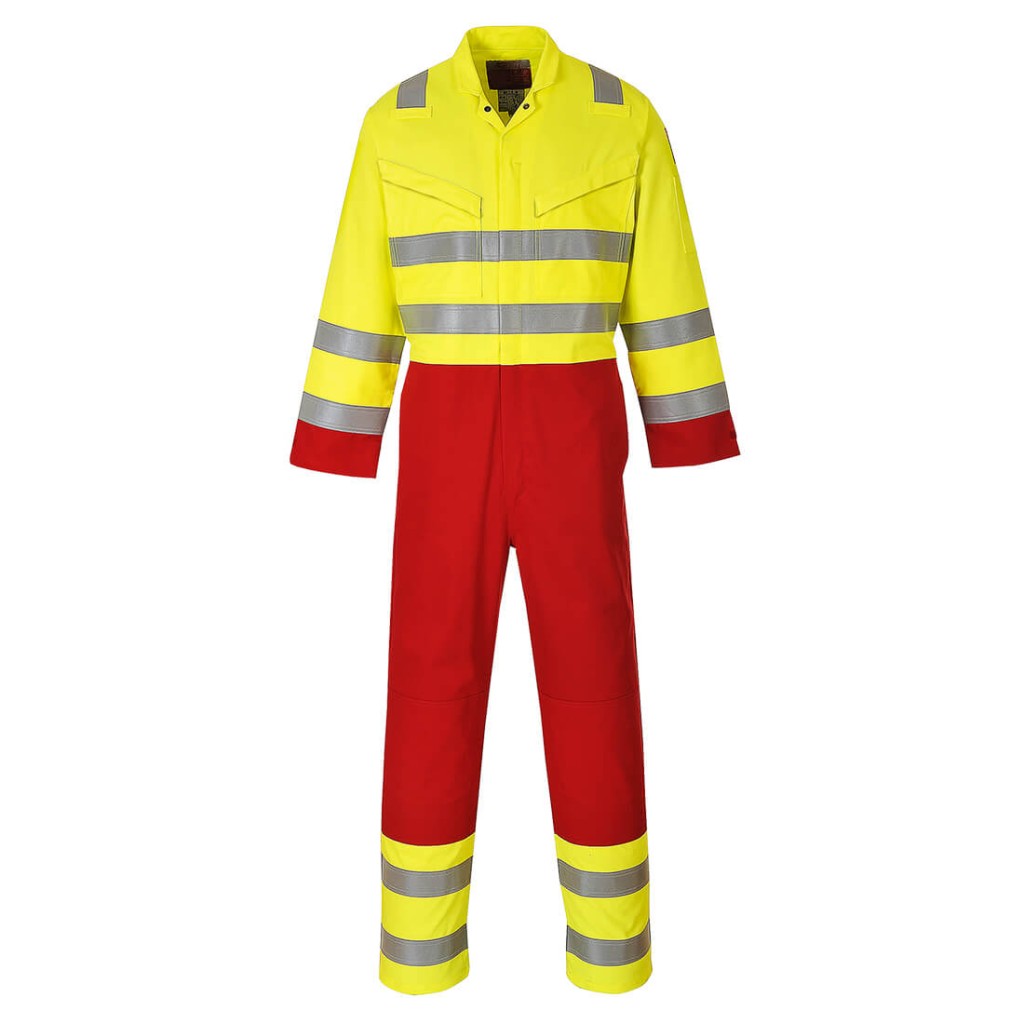 A high-visibility yellow coverall featuring retroreflective tape panels, flame-resistant fabric, suitable for a wide range of outdoor and site work applications.