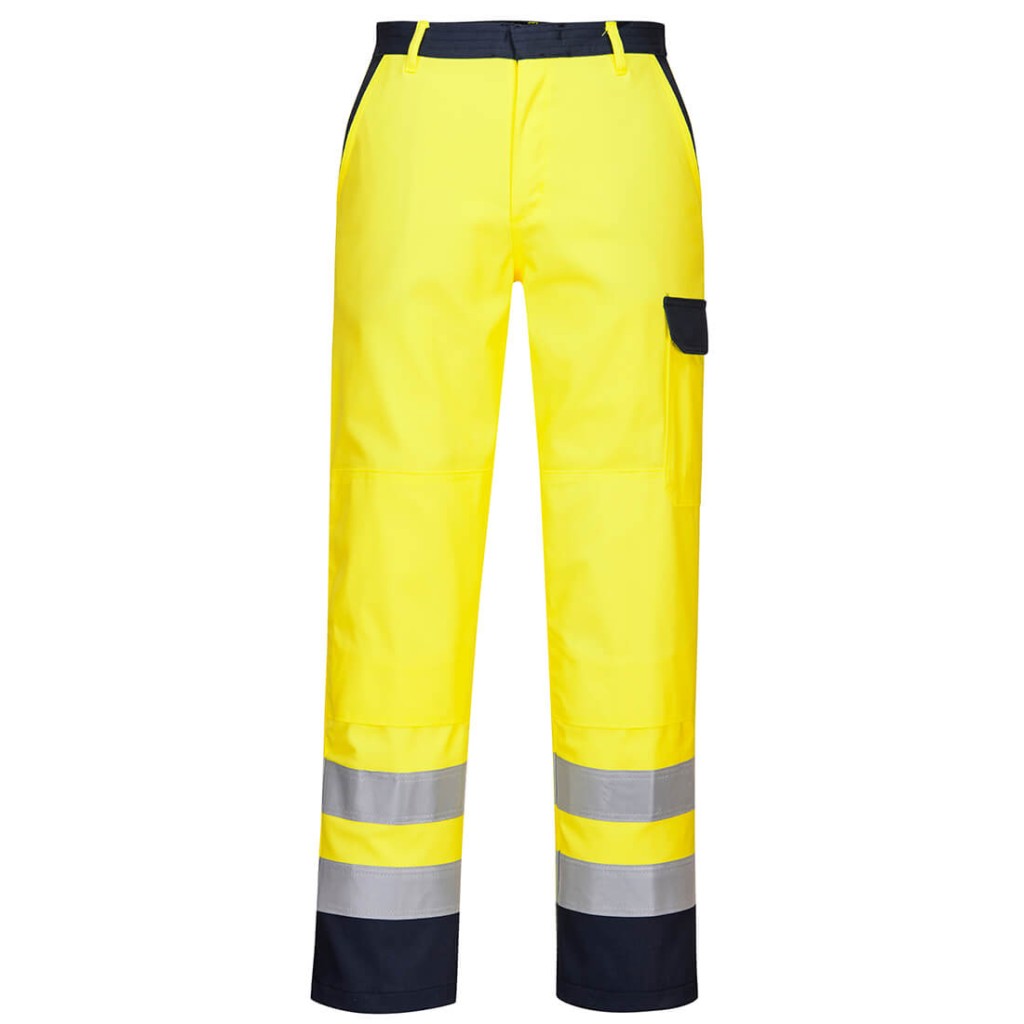 A pair of high-visibility yellow trousers featuring retroreflective tape panels, flame-resistant fabric, suitable for a wide range of outdoor and site work applications.