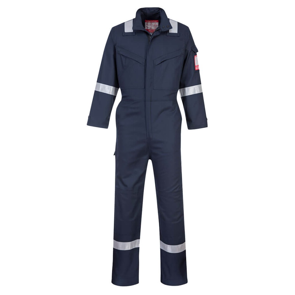 A navy blue coverall featuring flame-resistant fabric, suitable for a wide range of outdoor and site work applications.