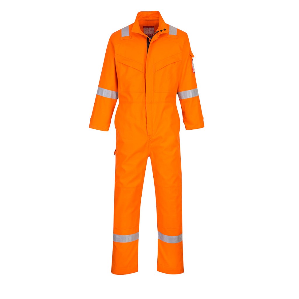 A orange coverall featuring flame-resistant fabric, suitable for a wide range of outdoor and site work applications.
