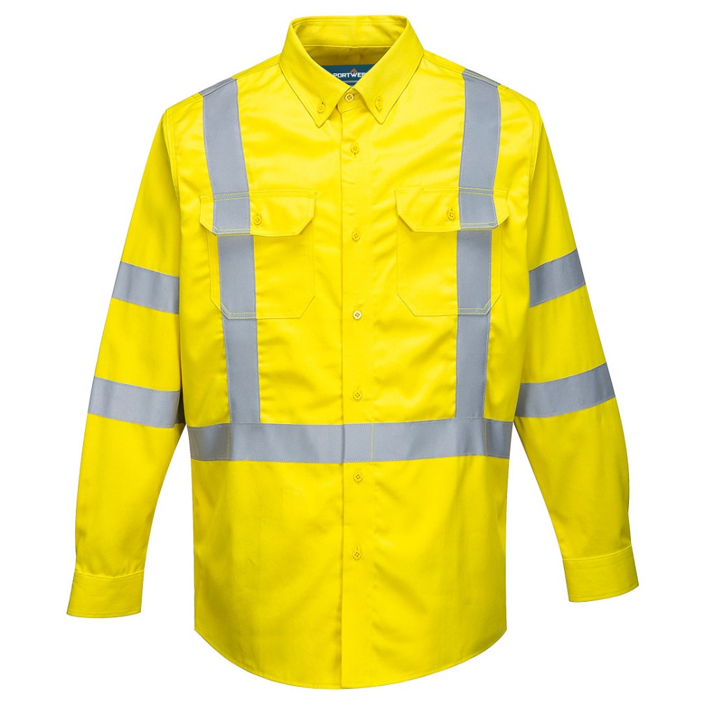 A high-visibility yellow work shirt featuring retroreflective tape panels, flame-resistant fabric, suitable for a wide range of outdoor and site work applications.