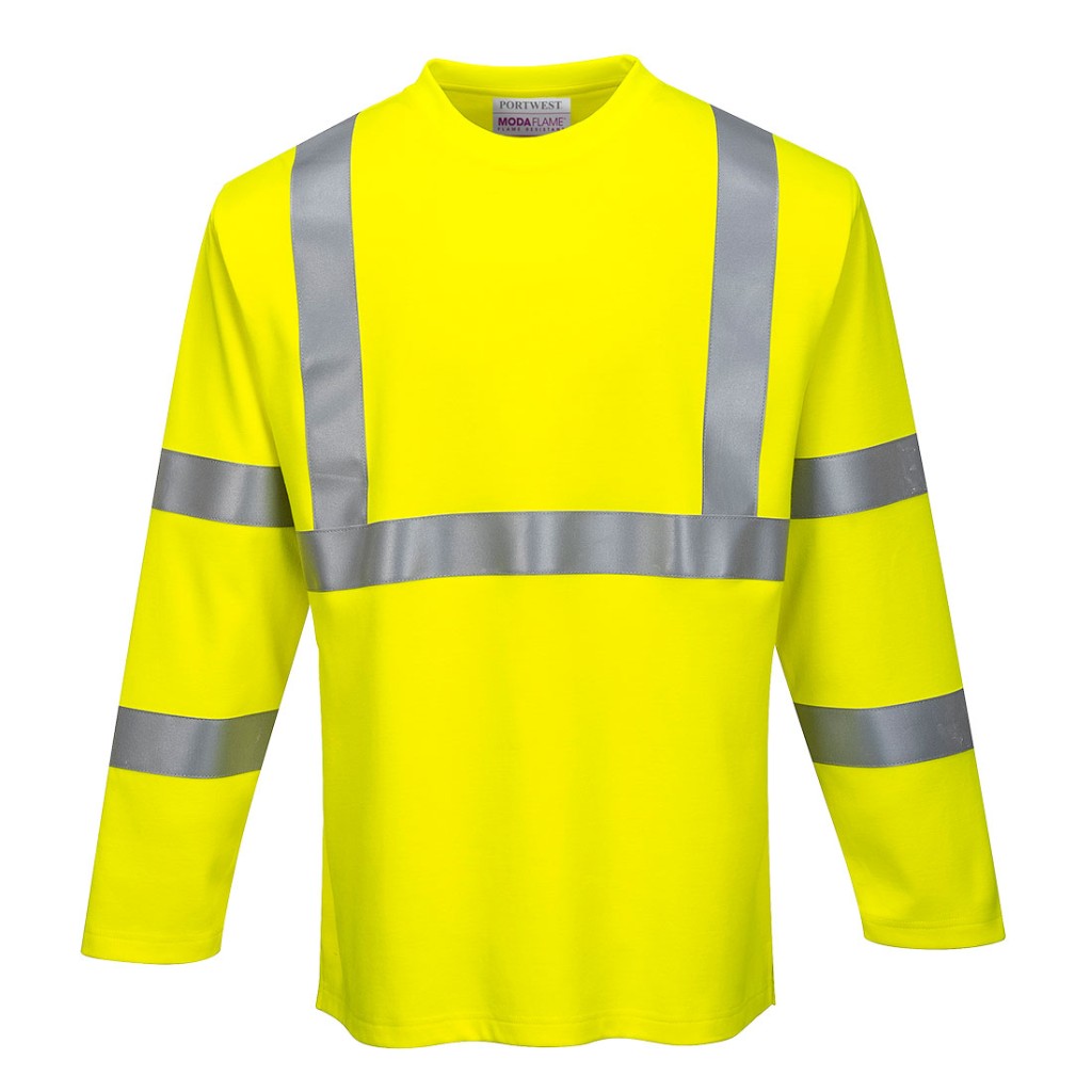 A high-visibility yellow work shirt featuring retroreflective tape panels, flame-resistant fabric, suitable for a wide range of outdoor and site work applications.