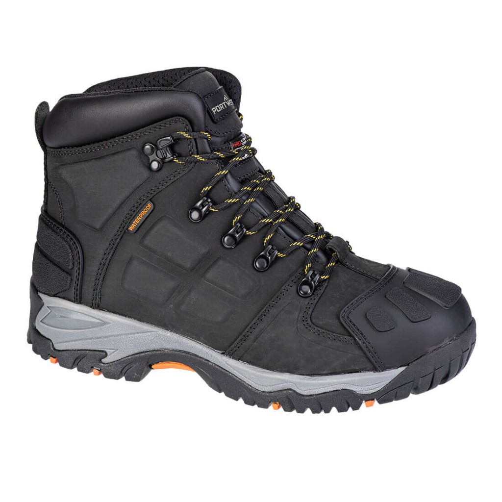 A black leather safety boot with an anti-slip sole and padded collar, designed for comfort and protection during extended site work.
