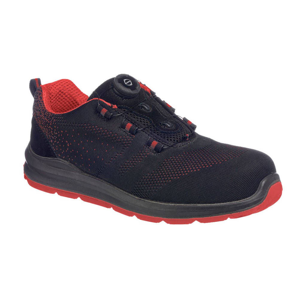 A black safety trainer with a composite toecap, a cushioned insole, and a lightweight anti-slip sole, suitable for lighter-duty site work.
