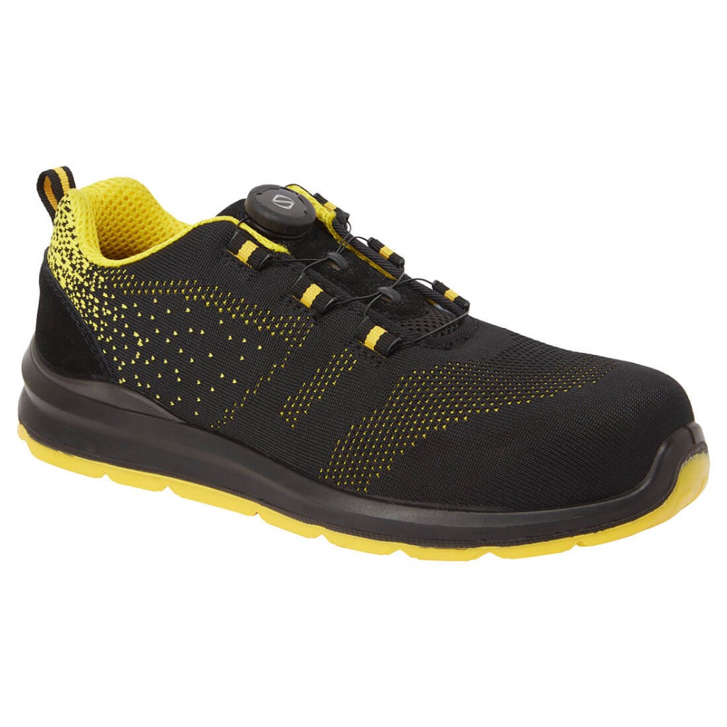 A black safety trainer with a composite toecap, a cushioned insole, and a lightweight anti-slip sole, suitable for lighter-duty site work.