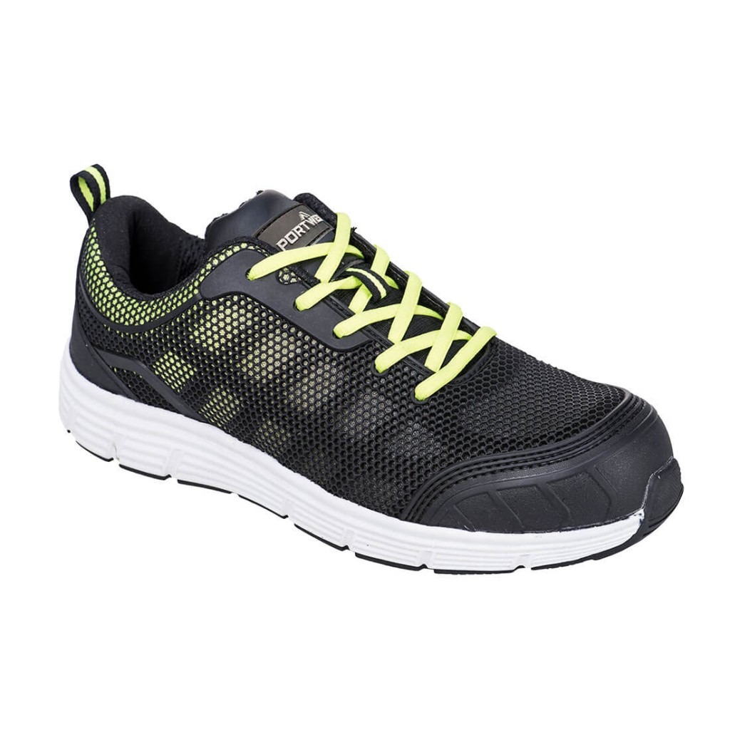 A black safety trainer with a composite toecap, a cushioned insole, and a lightweight anti-slip sole, suitable for lighter-duty site work.