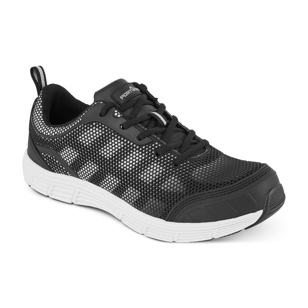 A black safety trainer with a composite toecap, a cushioned insole, and a lightweight anti-slip sole, suitable for lighter-duty site work.
