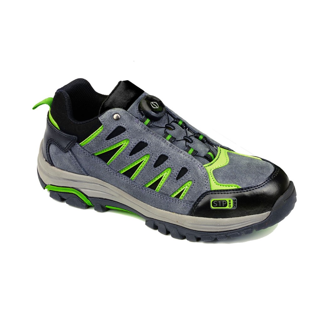 A grey safety trainer with a composite toecap, a cushioned insole, and a lightweight anti-slip sole, suitable for lighter-duty site work.