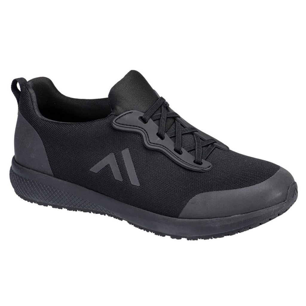 A black safety trainer with a composite toecap, a cushioned insole, and a lightweight anti-slip sole, suitable for lighter-duty site work.