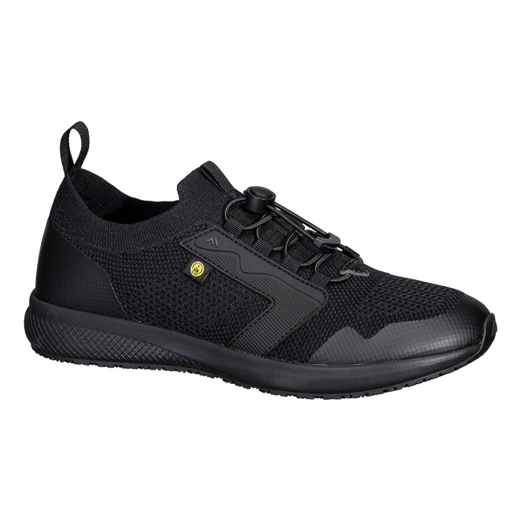A black safety trainer with a composite toecap, a cushioned insole, and a lightweight anti-slip sole, suitable for lighter-duty site work.