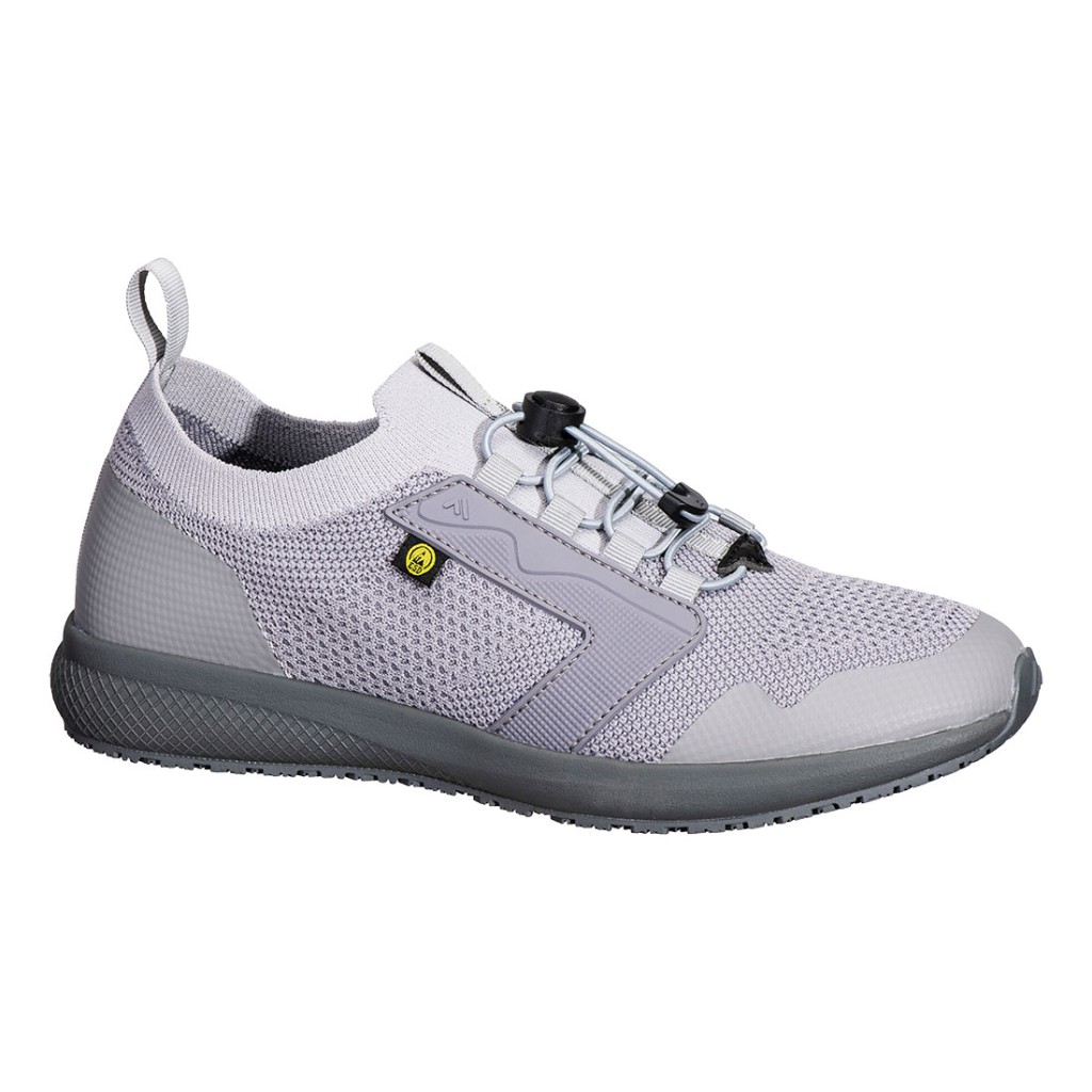 A grey safety trainer with a composite toecap, a cushioned insole, and a lightweight anti-slip sole, suitable for lighter-duty site work.