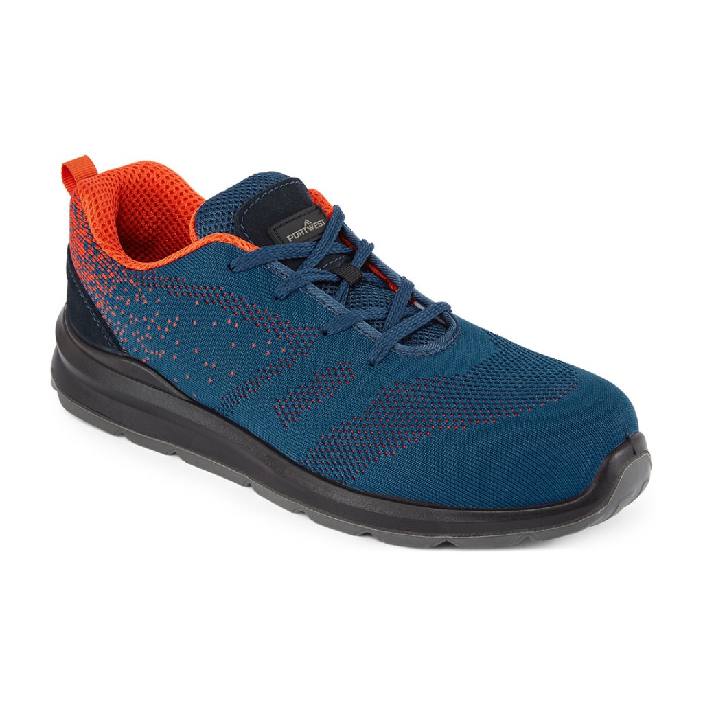 A blue safety trainer with a composite toecap, a cushioned insole, and a lightweight anti-slip sole, suitable for lighter-duty site work.