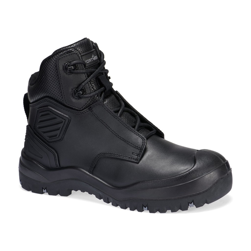 A black leather safety boot with an anti-slip sole and padded collar, designed for comfort and protection during extended site work.