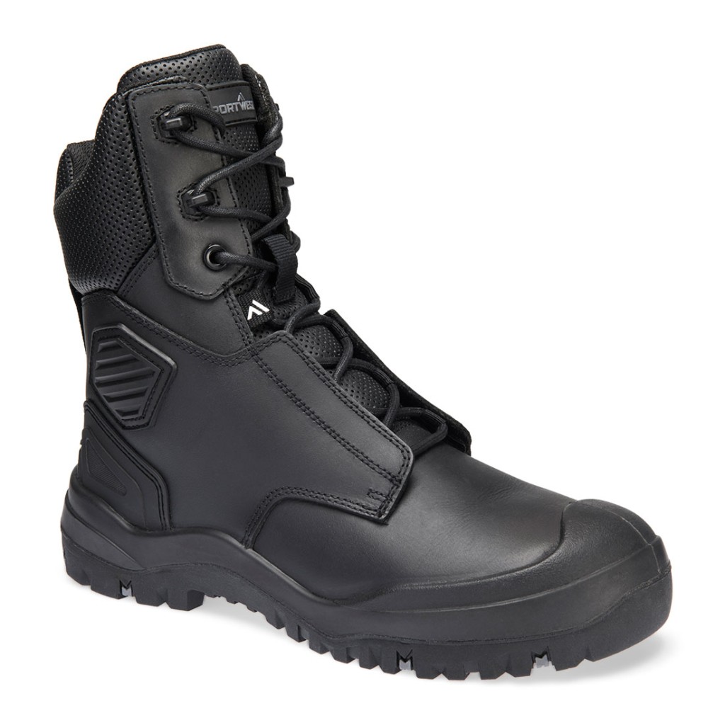 A black leather safety boot with an anti-slip sole and padded collar, designed for comfort and protection during extended site work.