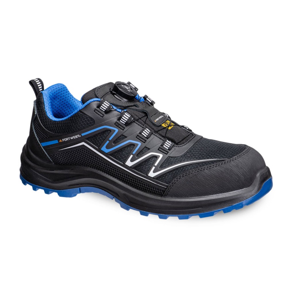 A black safety trainer with a composite toecap, a cushioned insole, and a lightweight anti-slip sole, suitable for lighter-duty site work.