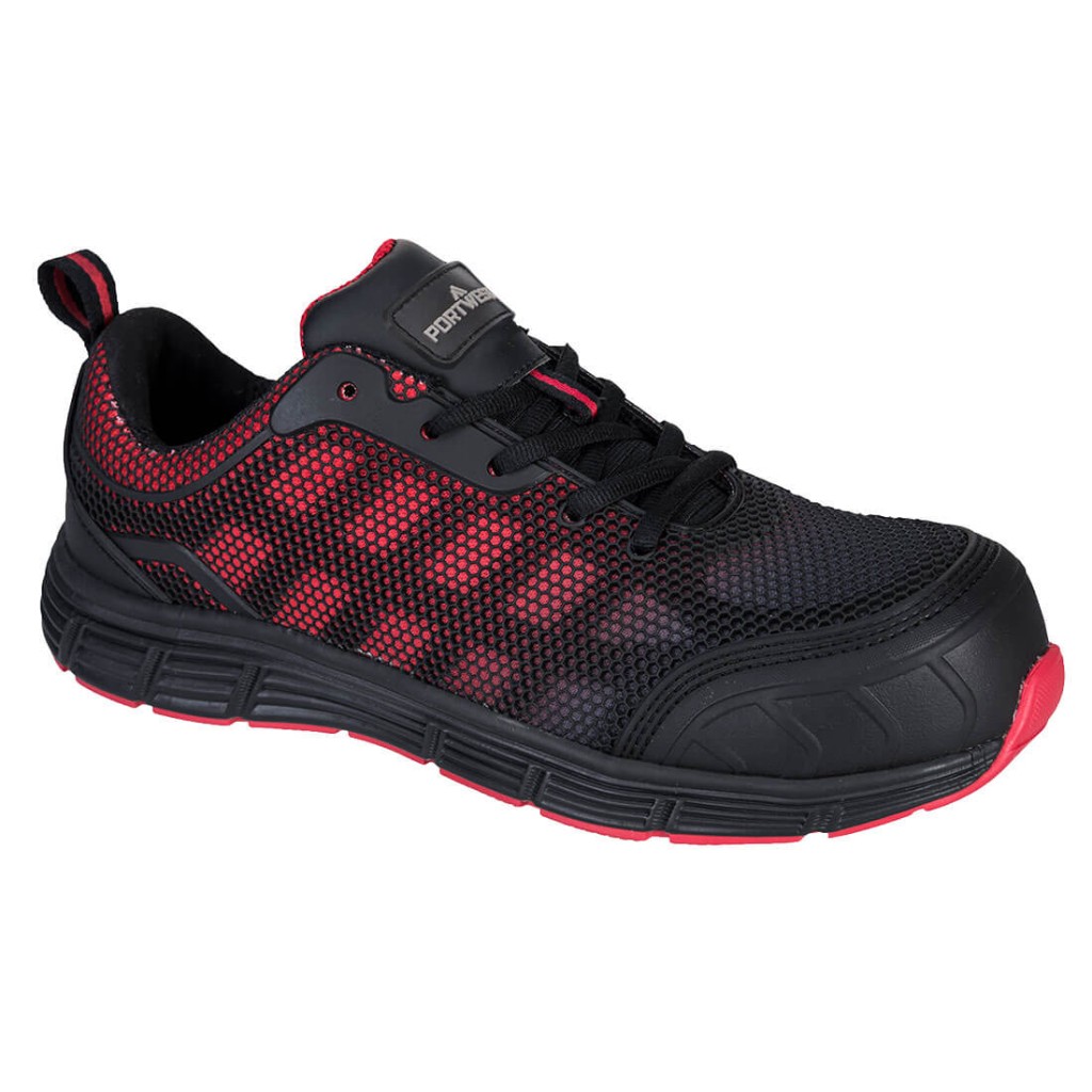 A black safety trainer with a composite toecap, a cushioned insole, and a lightweight anti-slip sole, suitable for lighter-duty site work.