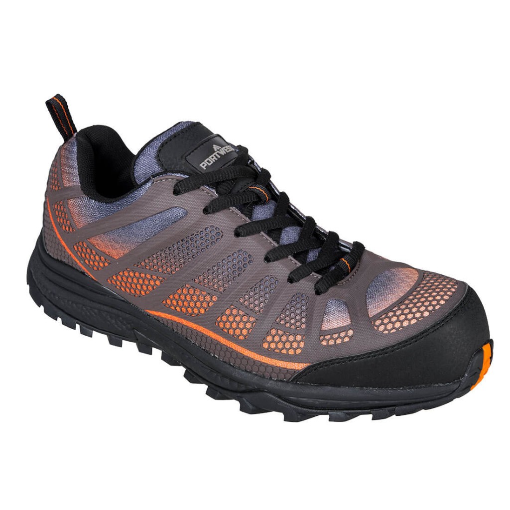 A orange safety trainer with a composite toecap, a cushioned insole, and a lightweight anti-slip sole, suitable for lighter-duty site work.