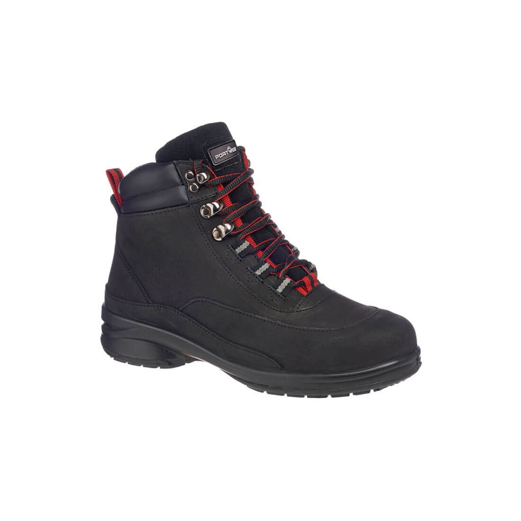 A black composite safety boot with an anti-slip sole and padded collar, designed for comfort and protection during extended site work.