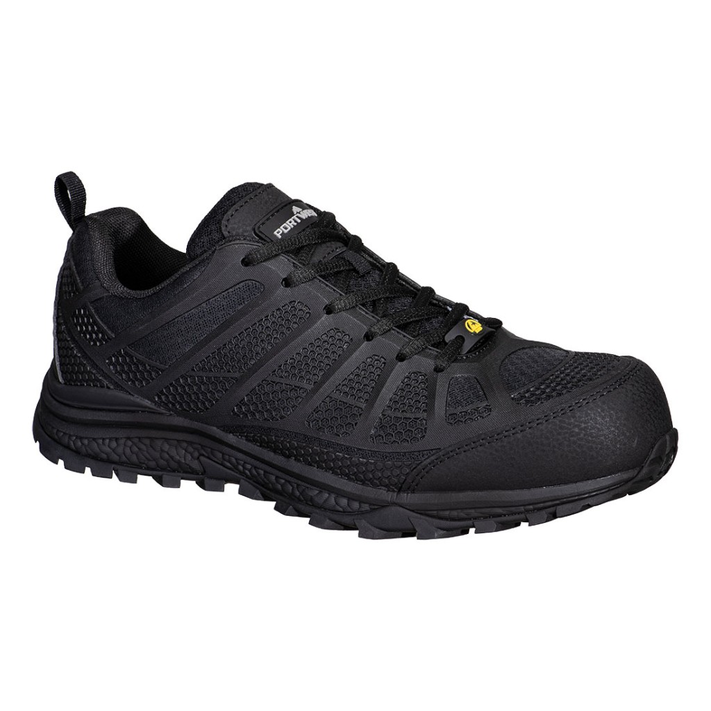A black safety trainer with a composite toecap, a cushioned insole, and a lightweight anti-slip sole, suitable for lighter-duty site work.