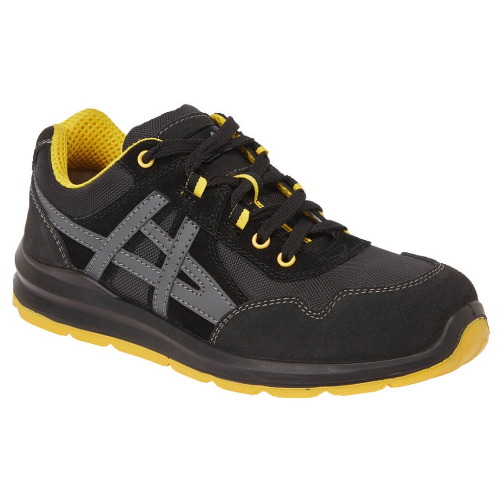 A black safety trainer with a composite toecap, a cushioned insole, and a lightweight anti-slip sole, suitable for lighter-duty site work.