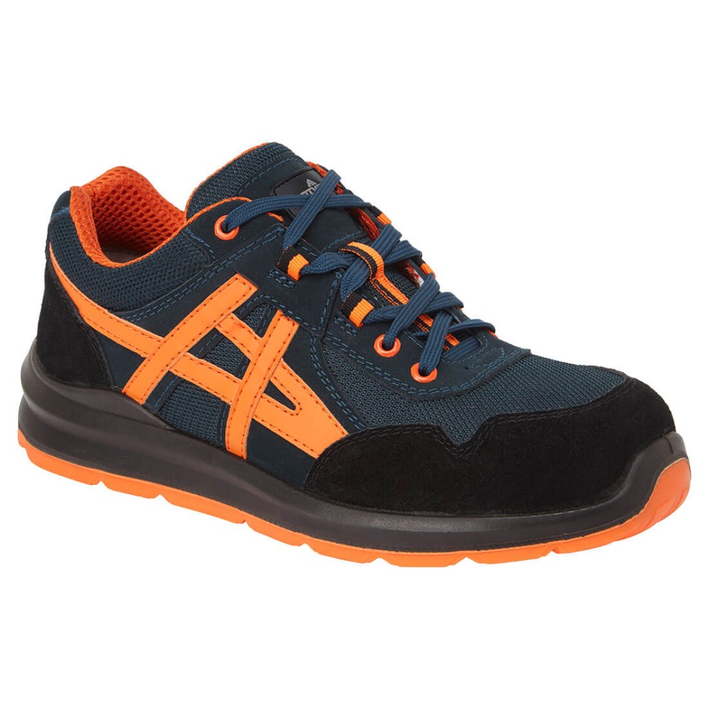 A blue safety trainer with a composite toecap, a cushioned insole, and a lightweight anti-slip sole, suitable for lighter-duty site work.