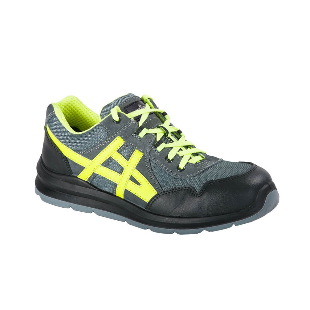 A grey safety trainer with a composite toecap, a cushioned insole, and a lightweight anti-slip sole, suitable for lighter-duty site work.